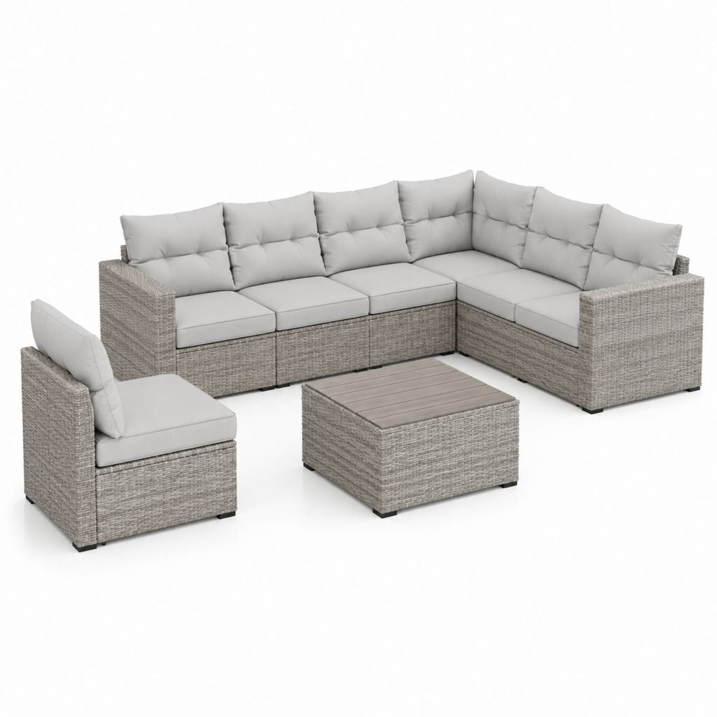 Set divani da giardino angolare 7 pezzi grigio in polyrattan con cuscini 210 x 210 x 65 cm