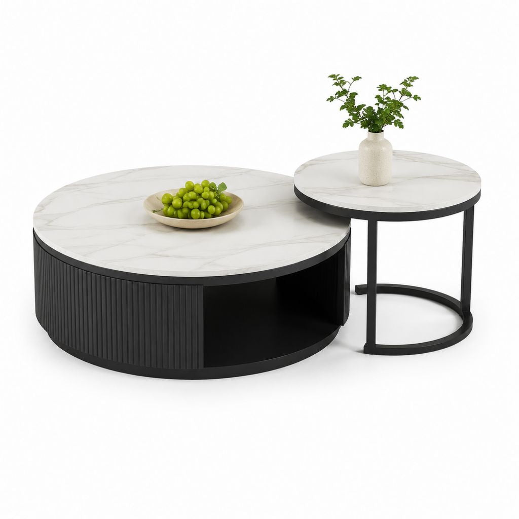Set 2 Tavolini da Caffè Rotondi Bianco Effetto Marmo e Nero in MDF e Acciaio Ø80 x 35 cm Ø60 x 45 cm