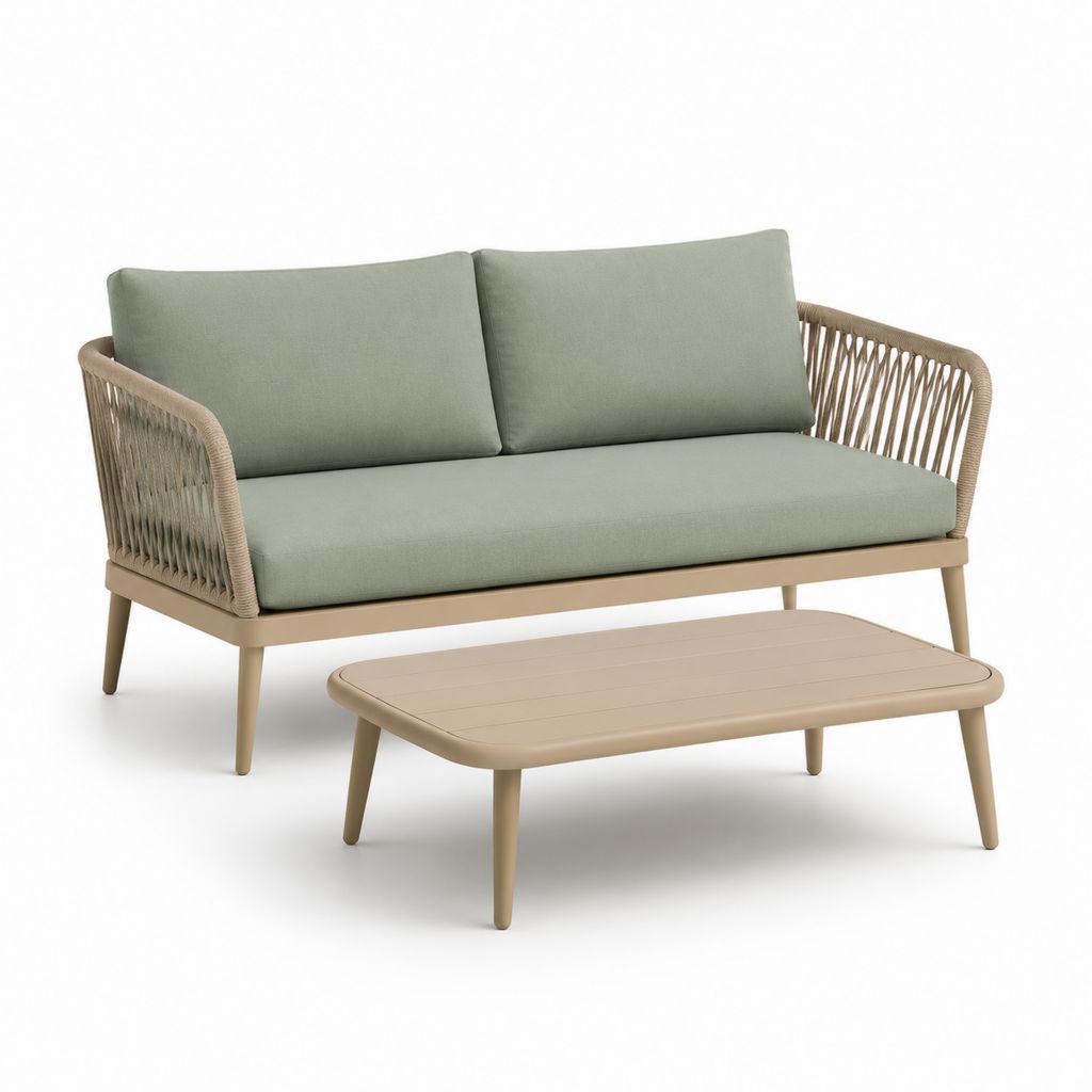 Set divano da giardino 2 posti con tavolino verde salvia e beige in alluminio e corda sintetica 150 x 75 x 78 cm