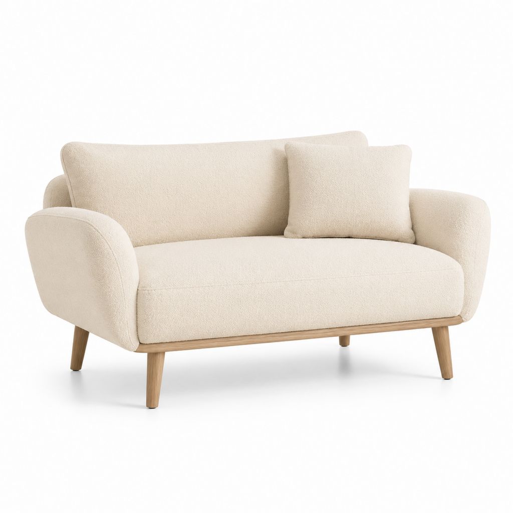Divano 2 posti beige in poliestere bouclé con gambe in legno massello 150 x 85 x 82 cm