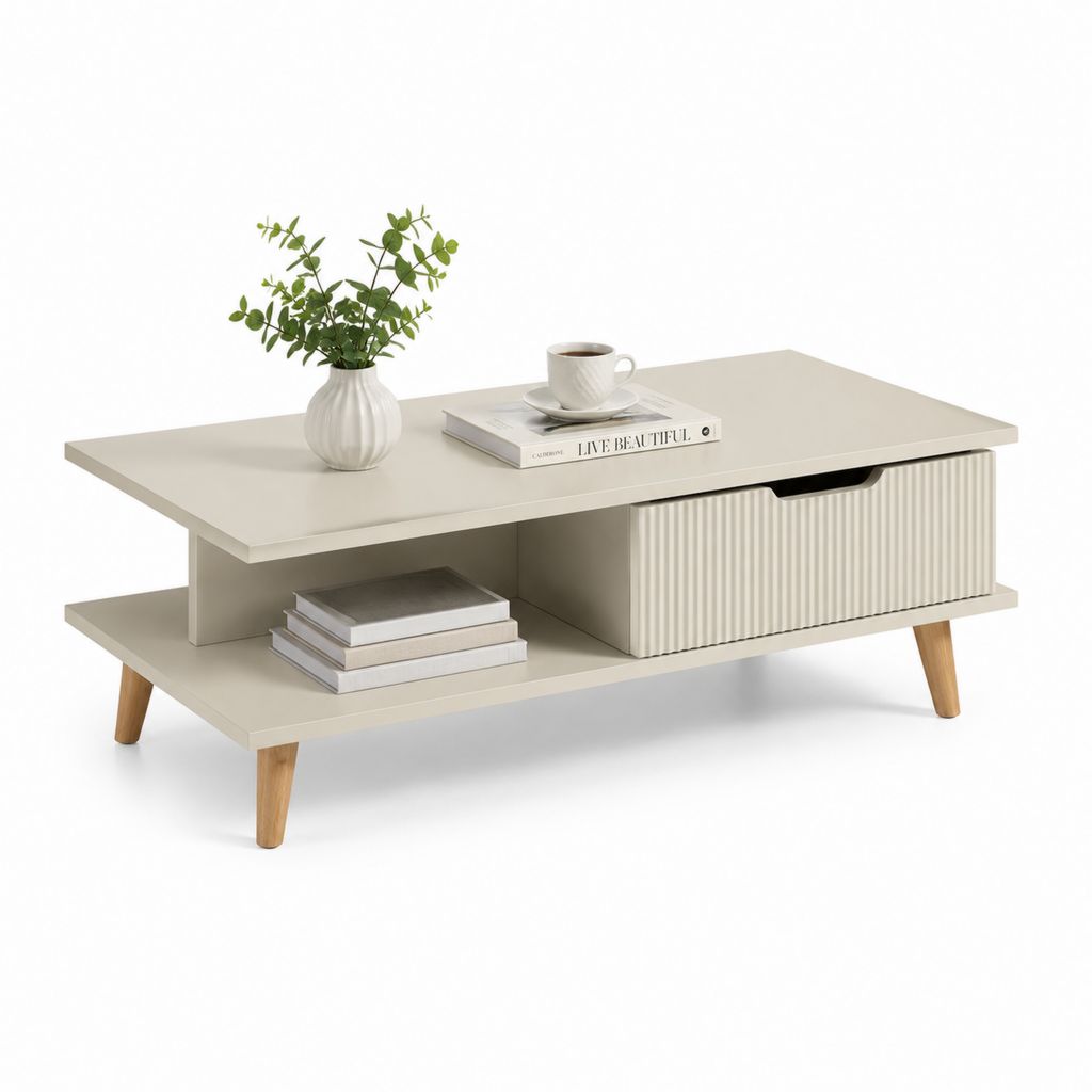Tavolino da caffè rettangolare beige in MDF con cassetto e ripiano 100 x 50 x 45 cm