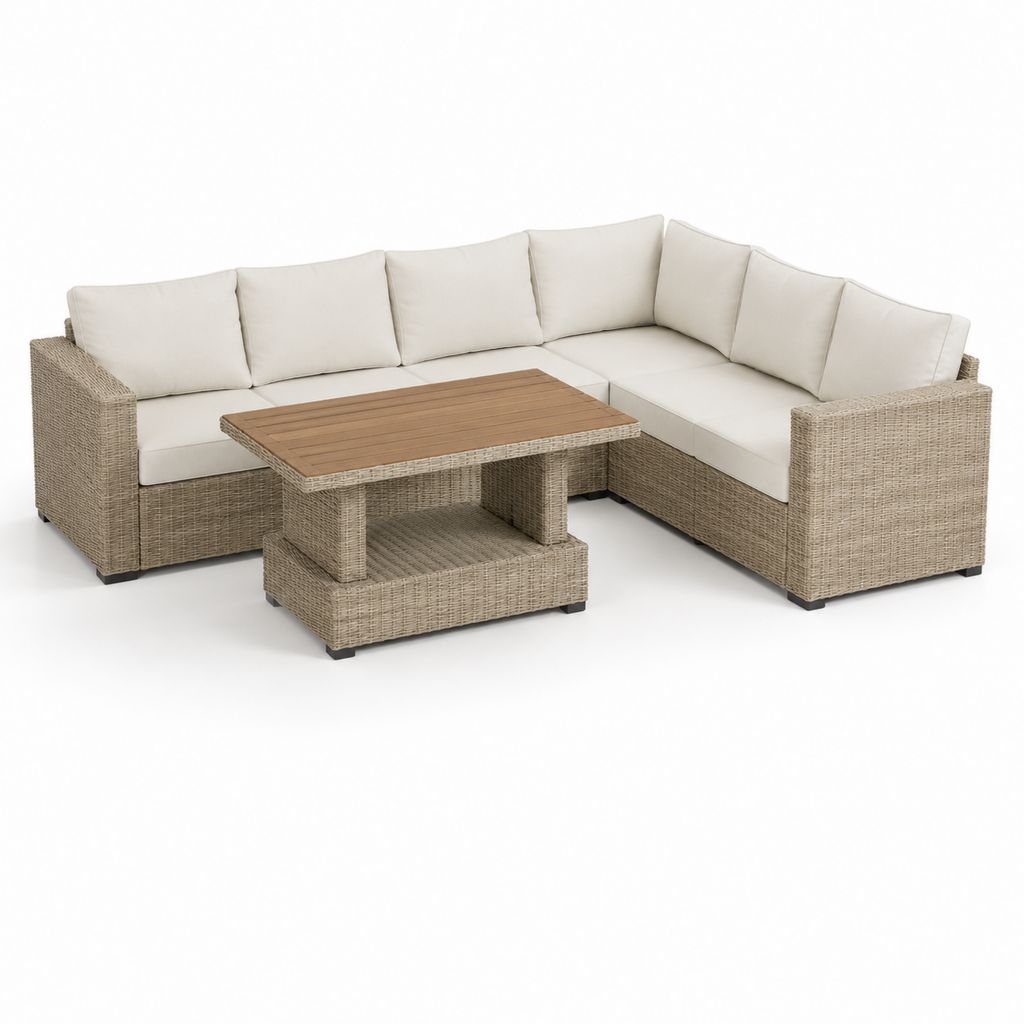 Set divano angolare da giardino con tavolino beige in rattan PE e acciaio 220 x 220 cm