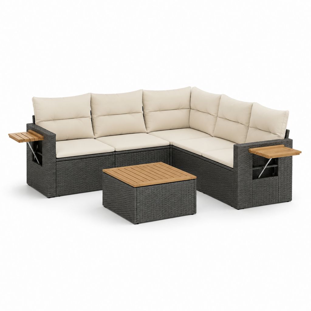 Divano da giardino angolare 5 posti in rattan PE grigio con cuscini beige e tavolino 250 x 190 x 70 cm