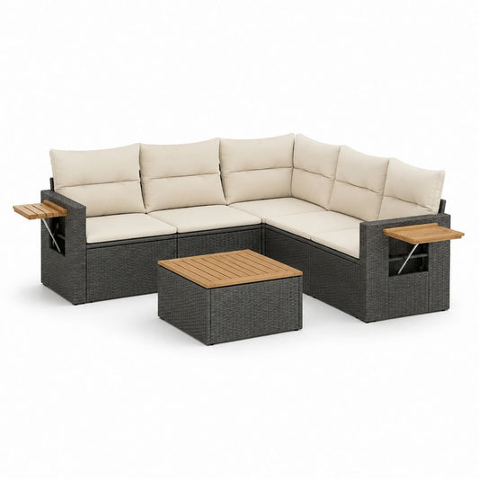 Divano da giardino angolare 5 posti in rattan PE grigio con cuscini beige e tavolino 250 x 190 x 70 cm