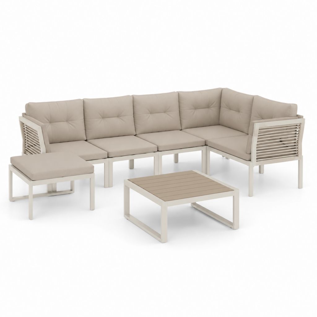 Set divano angolare da giardino 6 pezzi beige in alluminio con cuscini 245 x 245 cm