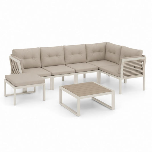 Set divano angolare da giardino 6 pezzi beige in alluminio con cuscini 245 x 245 cm