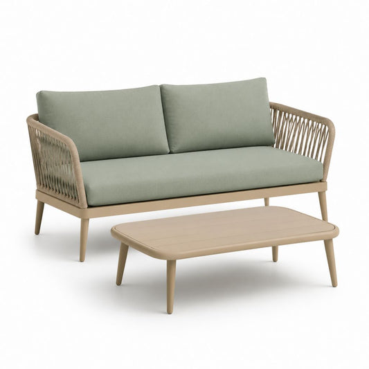 Set divano da giardino 2 posti con tavolino verde salvia e beige in alluminio e corda sintetica 150 x 75 x 78 cm