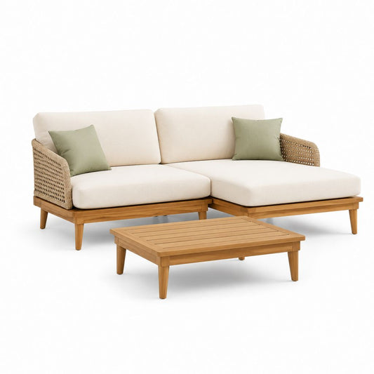 Set divano da giardino angolare 3 pezzi beige e naturale in legno massello di acacia con tavolino 220 x 150 cm
