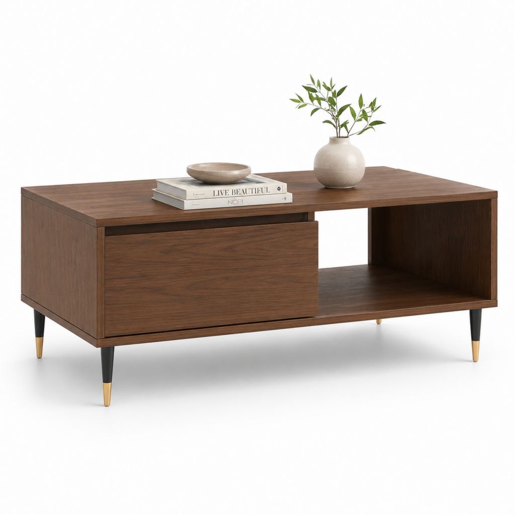 Tavolino da caffè con cassetto marrone noce in MDF e acciaio 100 x 50 x 45 cm