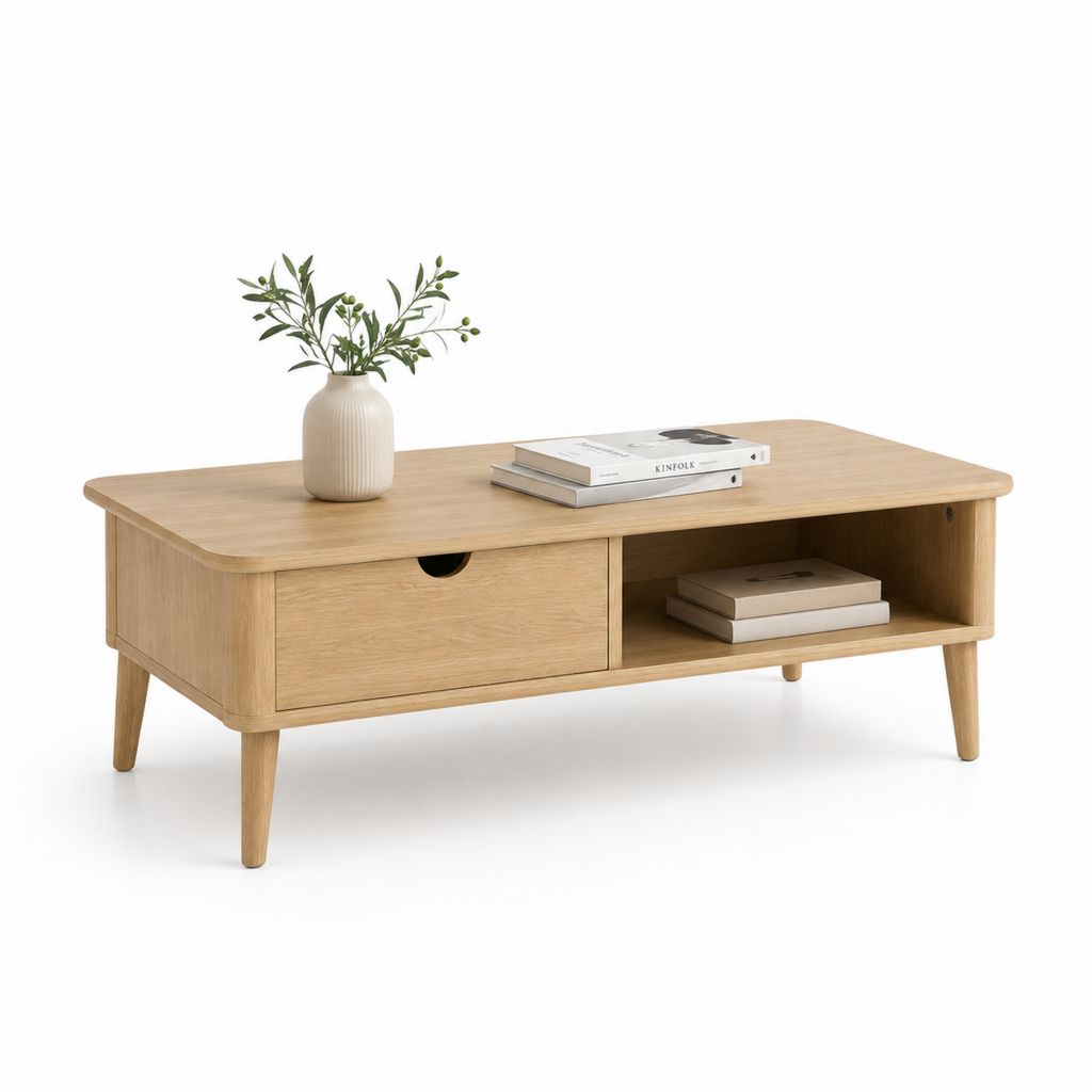 Tavolino da caffè rettangolare naturale in MDF impiallacciato rovere con cassetto e vano 100 x 50 x 45 cm