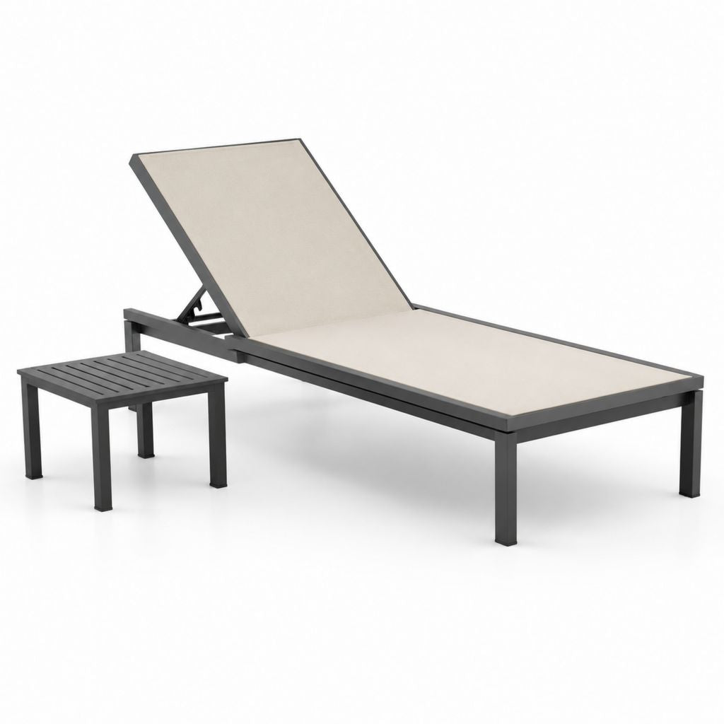 Set lettino prendisole regolabile con tavolino beige e antracite in alluminio e textilene 195 x 65 x 35 cm