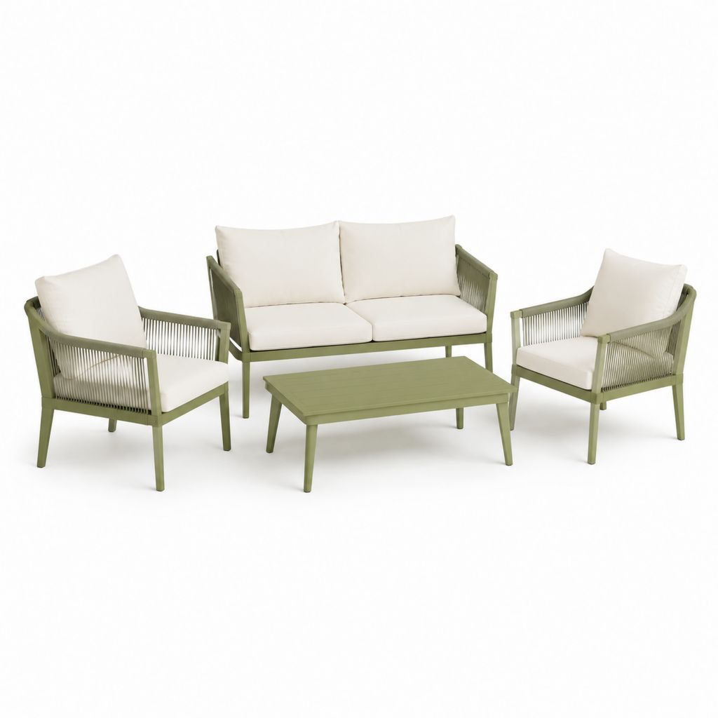 Set salotto da giardino 4 pezzi verde e avorio in legno di acacia con corda e cuscini divano 2 posti poltrone tavolino 120 x 60 cm