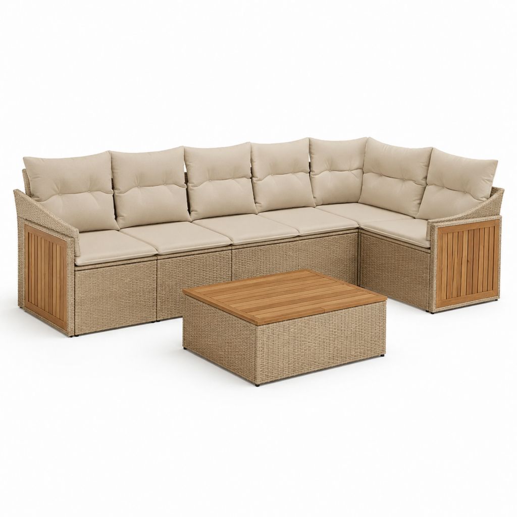 Set divano da giardino angolare 5 posti beige in rattan PE e alluminio con tavolino 300 x 230 cm