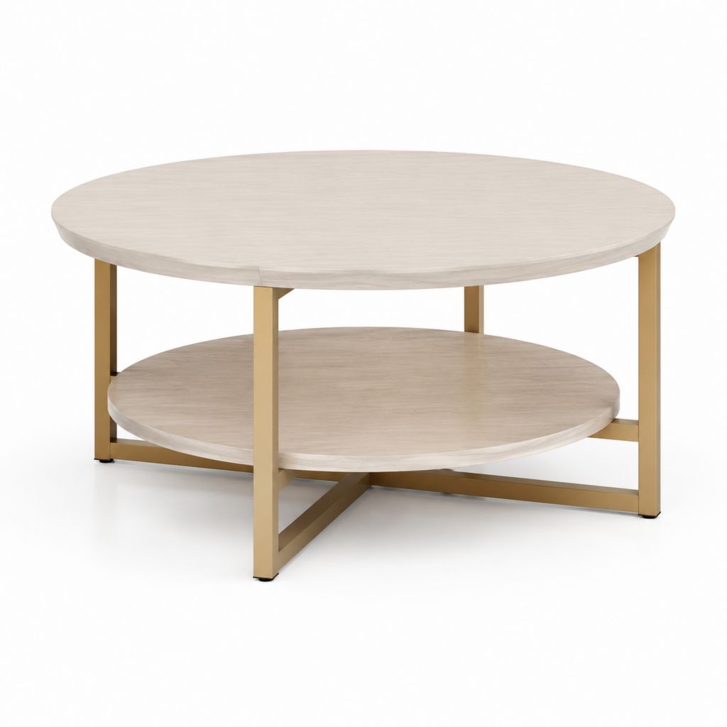 Tavolino da caffè rotondo beige e oro in MDF impiallacciato rovere e acciaio 80 x 80 x 45 cm