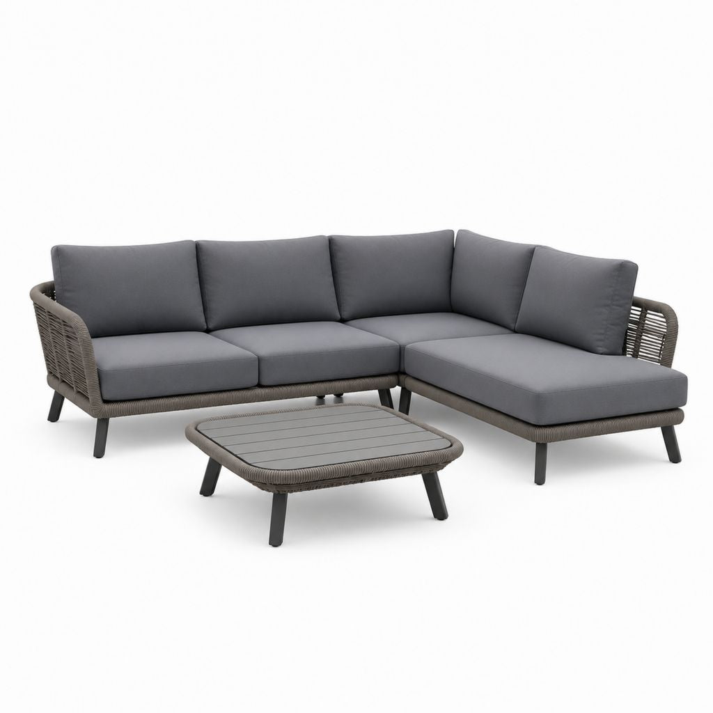 Set divano da giardino angolare 3 posti con tavolino grigio in alluminio e corda PE 220 x 150 x 78 cm