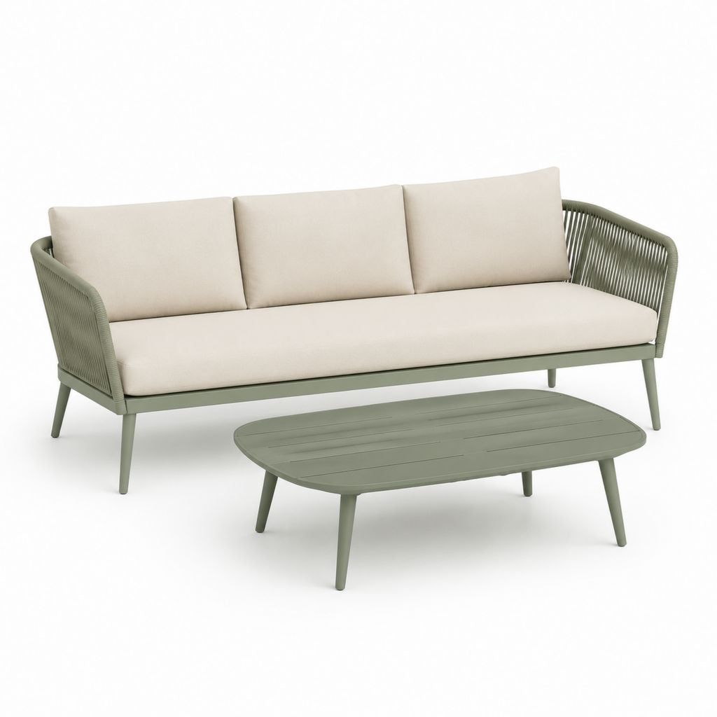 Set divano da giardino 3 posti con tavolino verde salvia e beige in alluminio corda PP e poliestere 210 x 80 x 78 cm