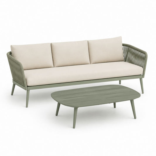Set divano da giardino 3 posti con tavolino verde salvia e beige in alluminio corda PP e poliestere 210 x 80 x 78 cm