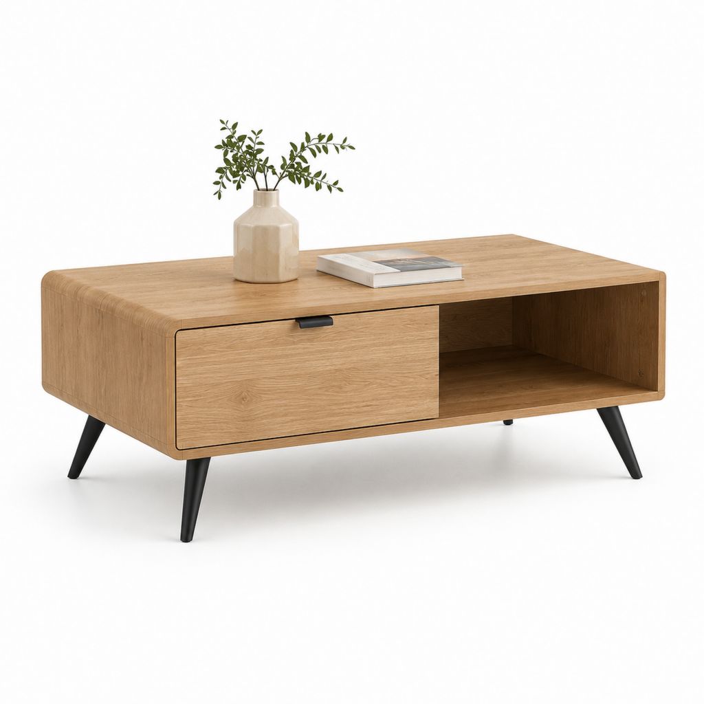 Tavolino da caffè con cassetto e vano a giorno rovere MDF rettangolare 120 x 60 x 45 cm