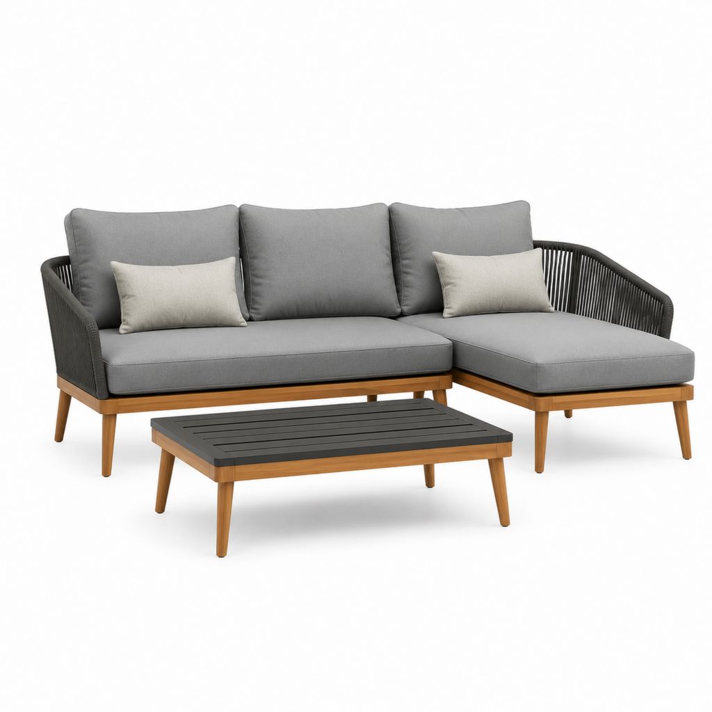 Set divano da giardino angolare con tavolino grigio in legno massello e corda sintetica 226 x 145 x 76 cm