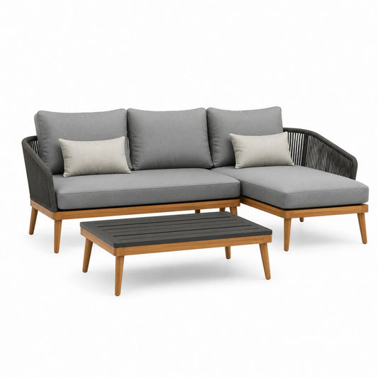 Set divano da giardino angolare con tavolino grigio in legno massello e corda sintetica 226 x 145 x 76 cm