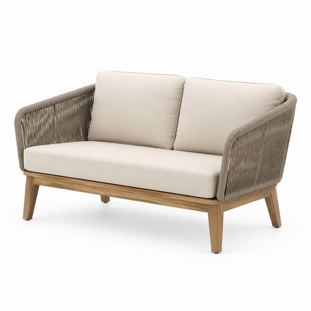 Divano da giardino 2 posti beige e tortora in legno massello e corda intrecciata 140 x 75 x 80 cm