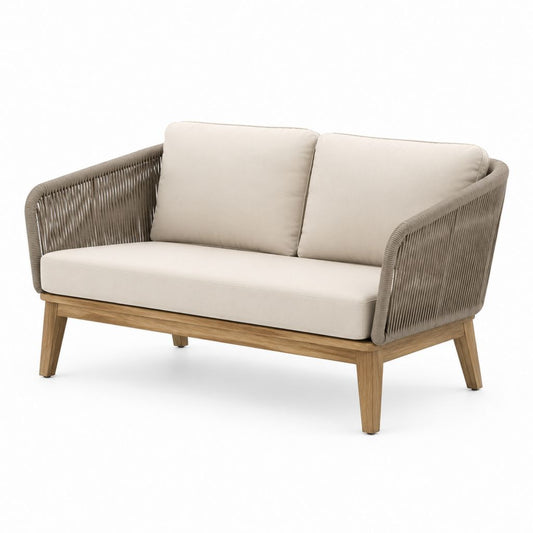 Divano da giardino 2 posti beige e tortora in legno massello e corda intrecciata 140 x 75 x 80 cm