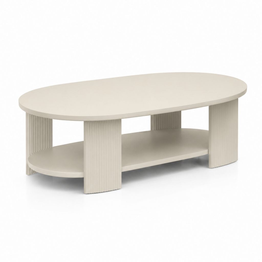 Tavolino da caffè ovale beige in MDF 120 x 60 x 45 cm con ripiano inferiore