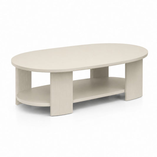 Tavolino da caffè ovale beige in MDF 120 x 60 x 45 cm con ripiano inferiore