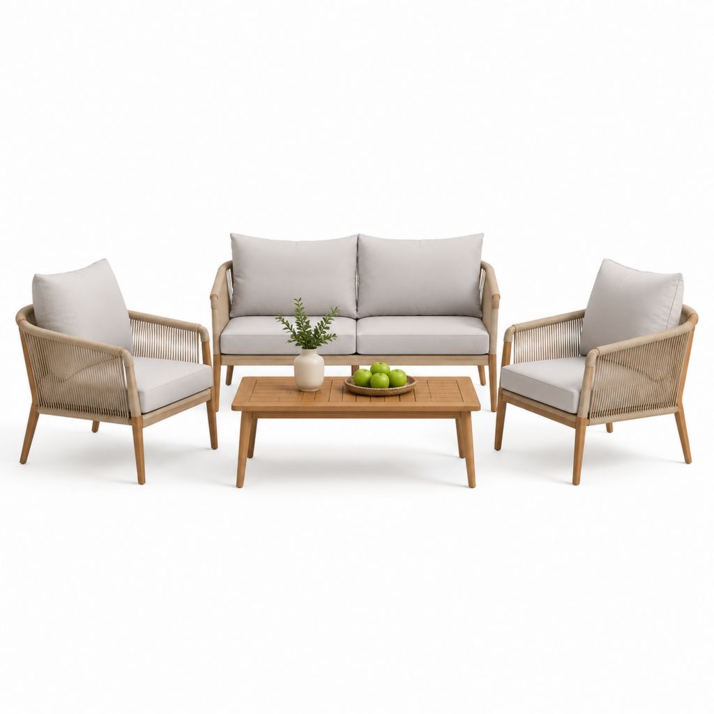 Set salotto da giardino 4 pezzi beige in legno massello di acacia con corda e tavolino rettangolare 120 x 60 cm