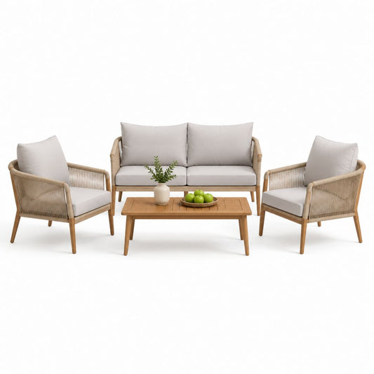 Set salotto da giardino 4 pezzi beige in legno massello di acacia con corda e tavolino rettangolare 120 x 60 cm