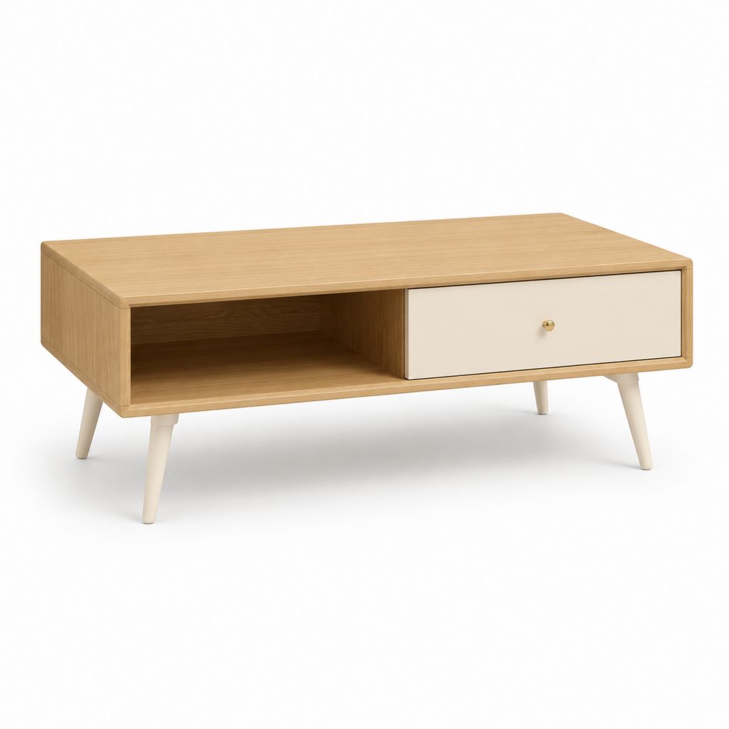 Tavolino da caffè rettangolare in MDF rovere e avorio con cassetto e vano 100 x 50 x 45 cm