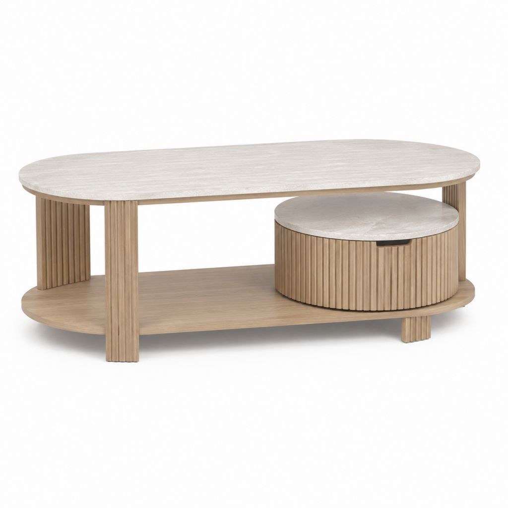 Tavolino da caffè ovale beige in MDF effetto rovere con vano contenitore 120 x 60 x 45 cm