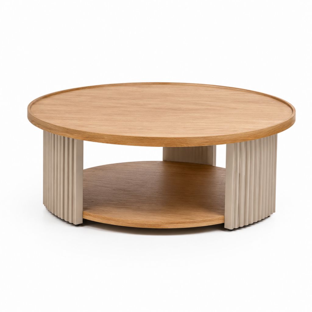 Tavolino da caffè rotondo beige e rovere in MDF Ø 80 x 40 cm con ripiano inferiore