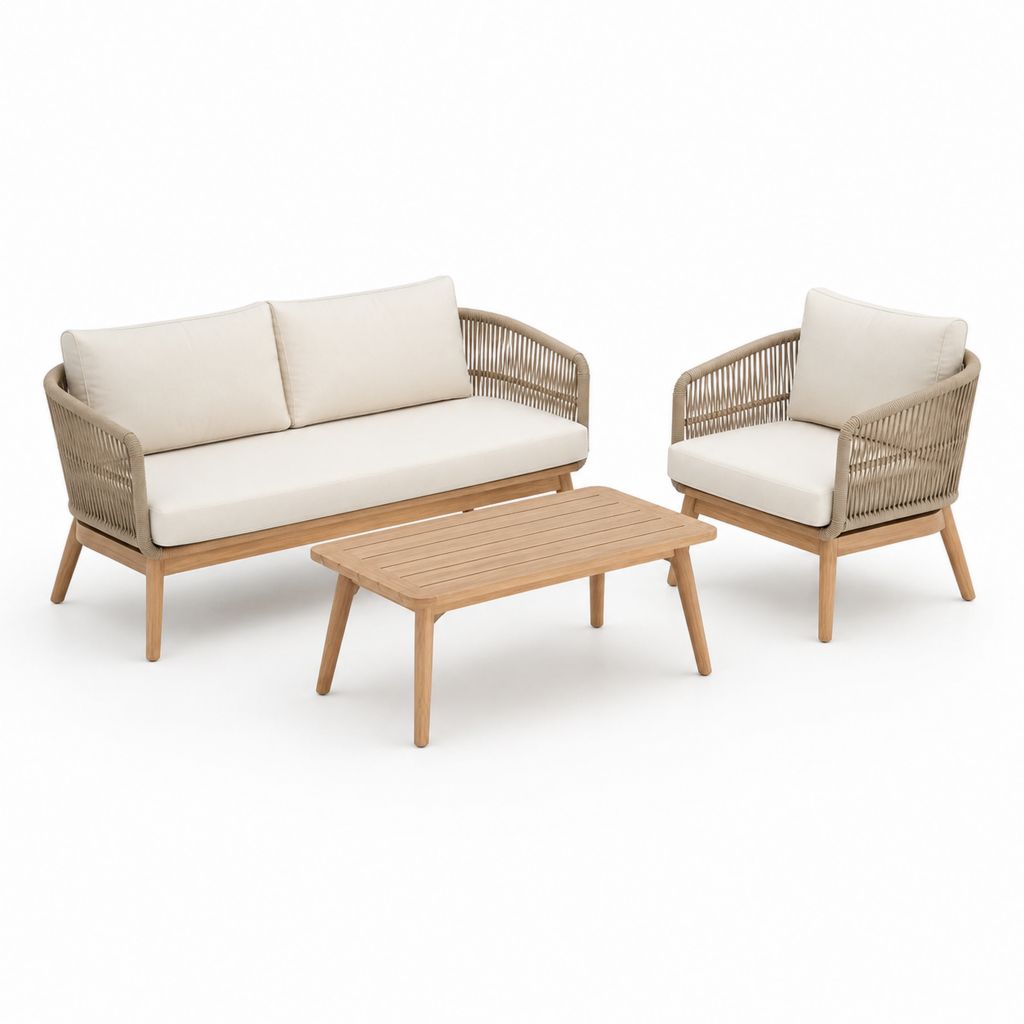 Set divani da giardino 4 pezzi beige e naturale in legno massello di acacia con corda e cuscini 140 x 75 x 78 cm