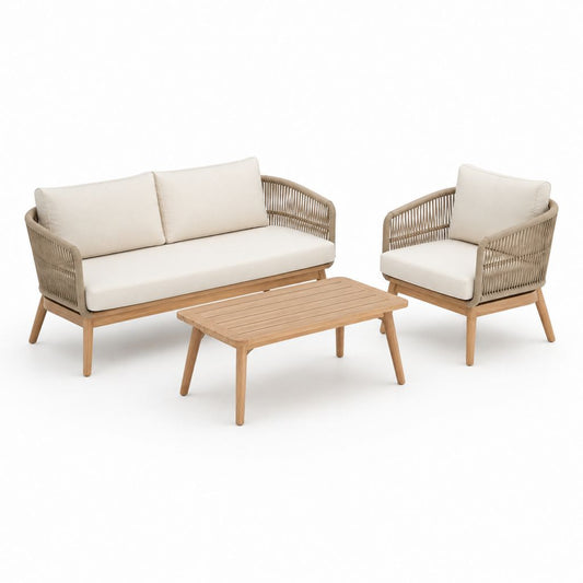 Set divani da giardino 4 pezzi beige e naturale in legno massello di acacia con corda e cuscini 140 x 75 x 78 cm