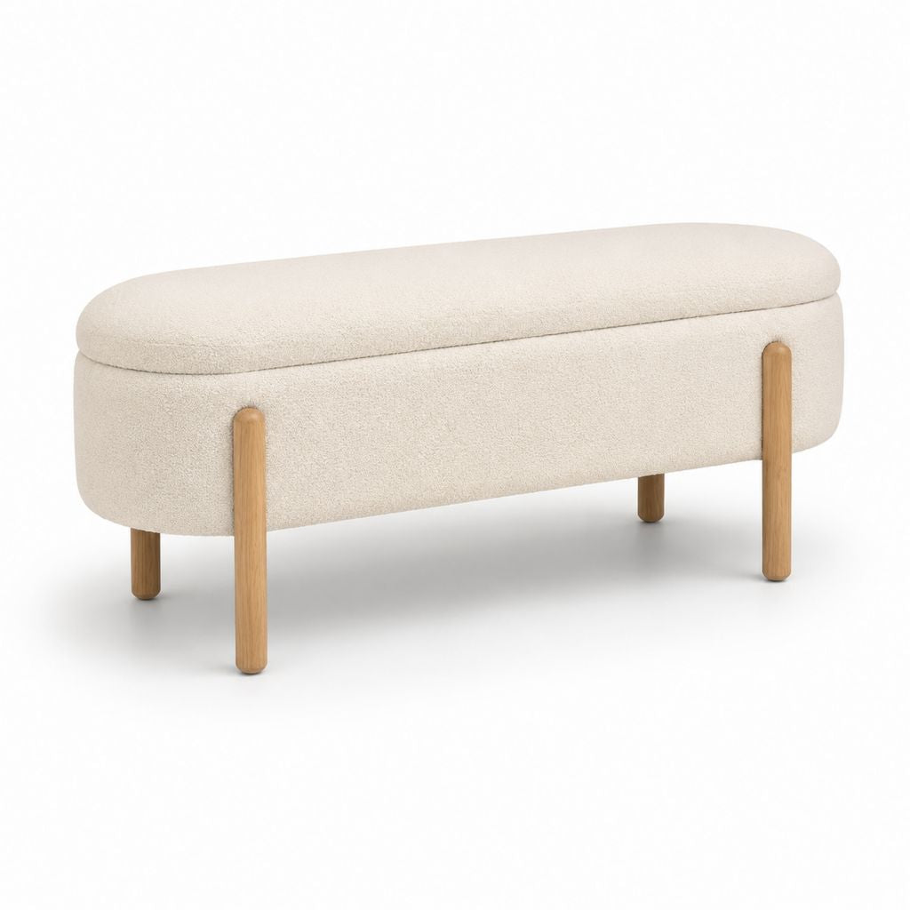Panca fondoletto contenitore beige in poliestere bouclé con gambe in legno massello 120 x 40 x 45 cm