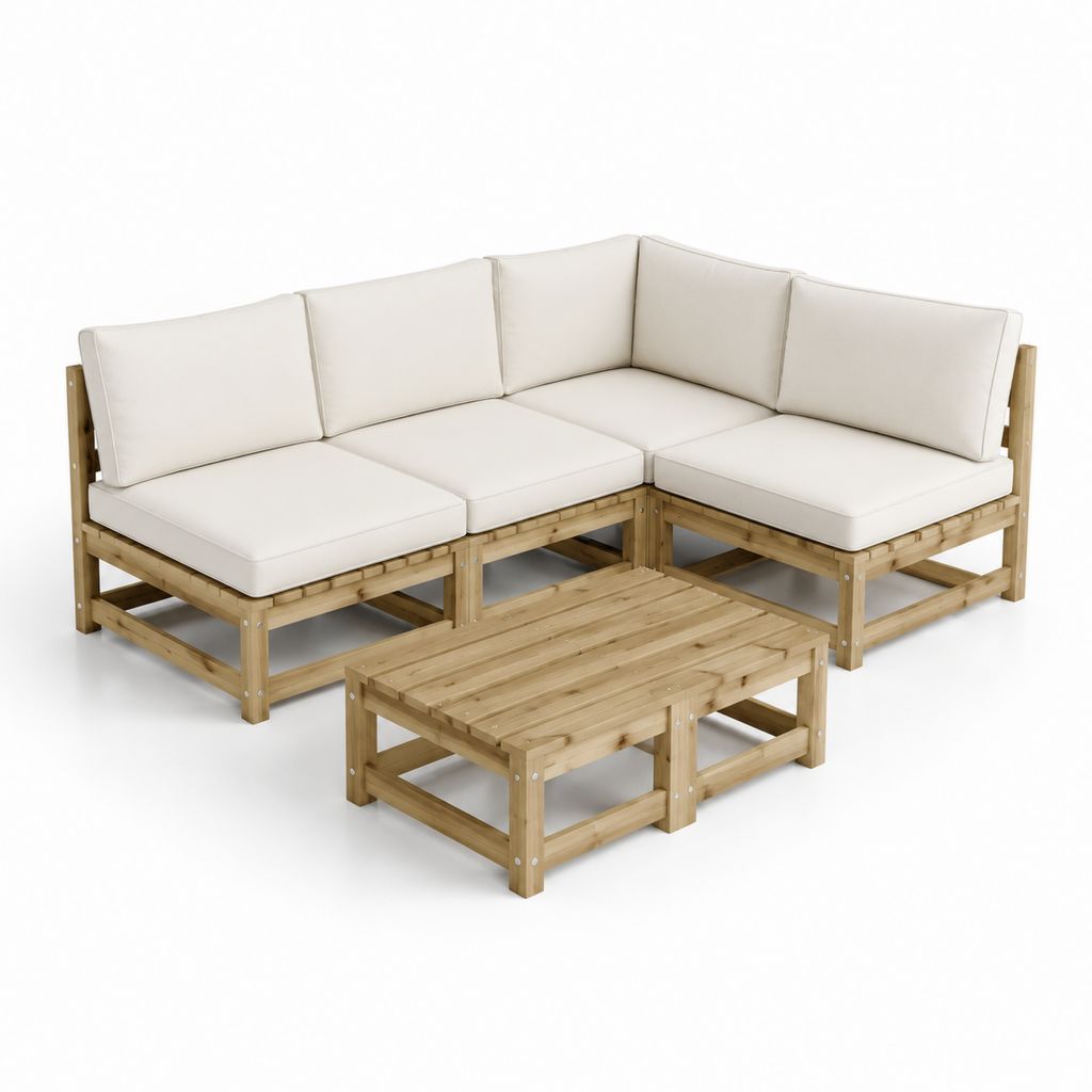 Set salotto da giardino angolare 4 pezzi beige in legno massello di pino con cuscini 210 x 140 x 60 cm