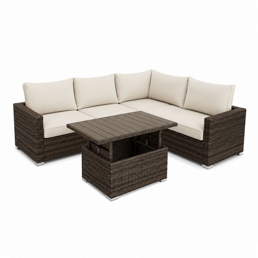 Salotto da giardino angolare 3 pezzi marrone in rattan PE con cuscini beige 200 x 200 x 65 cm