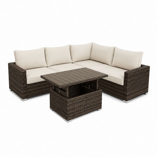 Salotto da giardino angolare 3 pezzi marrone in rattan PE con cuscini beige 200 x 200 x 65 cm