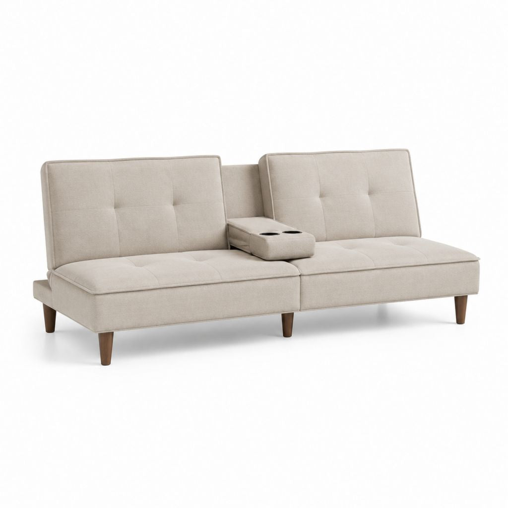 Divano 3 posti beige in poliestere con portabicchieri centrale 180 x 84 x 82 cm